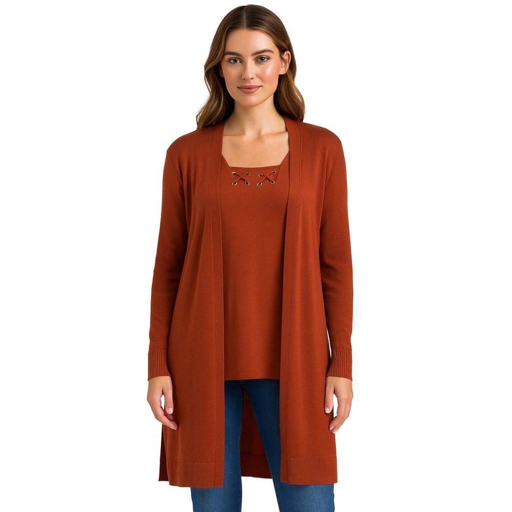 Love Scarlett Burnt Orange Knit Rivets Biker Long Sleeved Open Front Car…